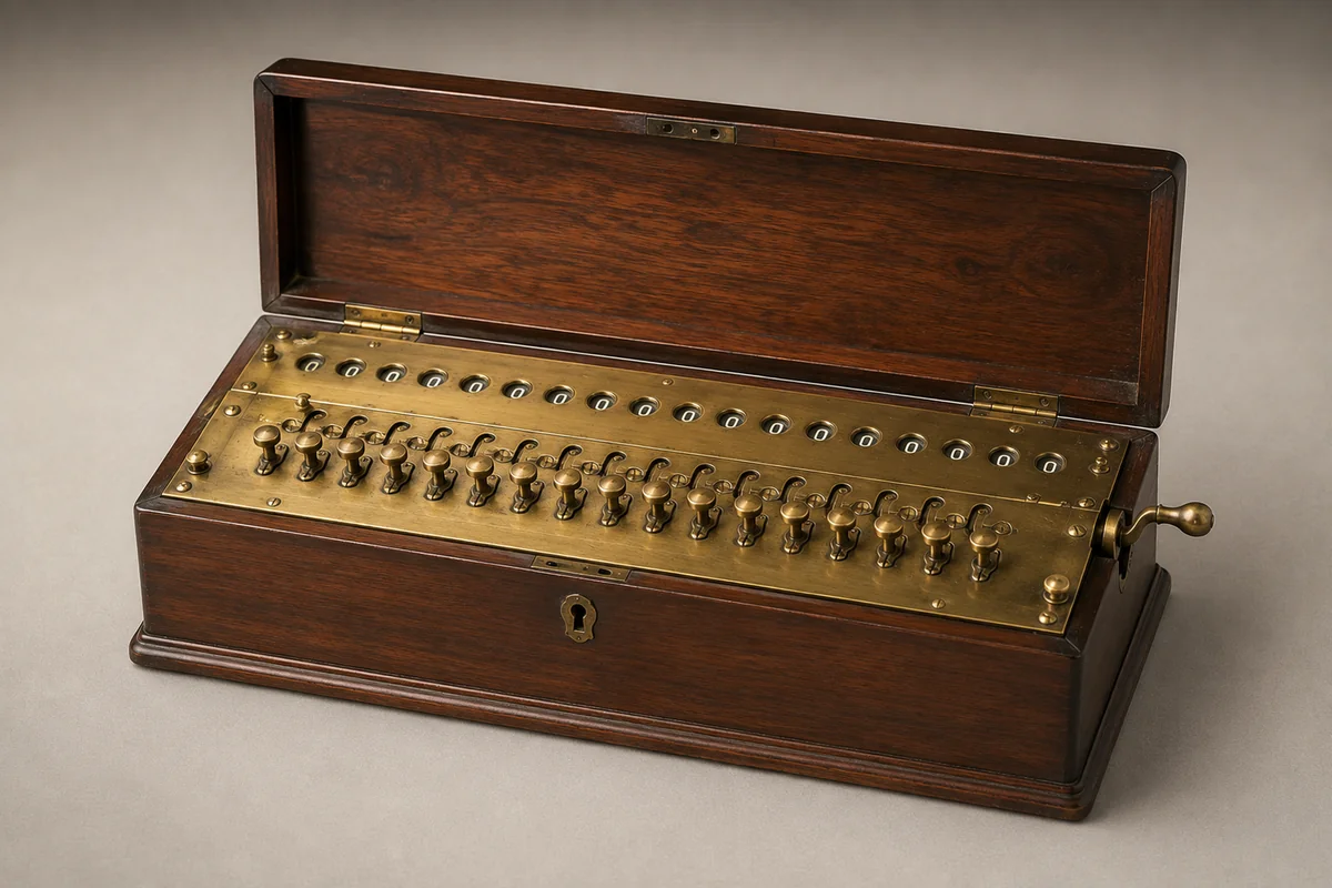Antieke Tates Patent arithmometer, mechanische messing rekenmachine in houten kist