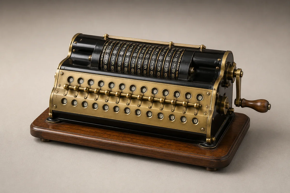 Originele Odhner Arithmos mechanische rekenmachine op houten voet